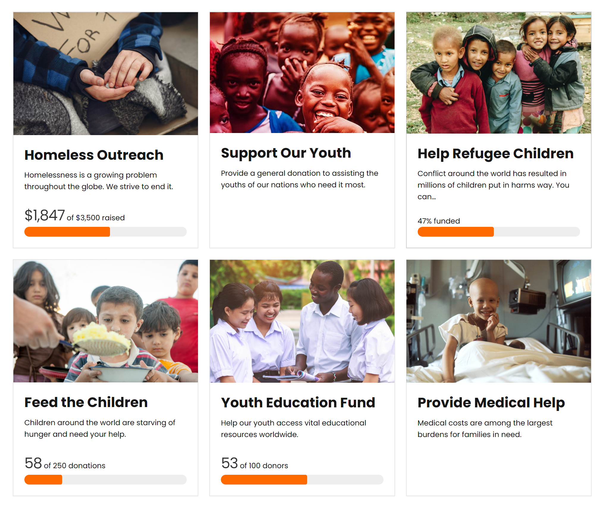 Each piece of the form grid funds a different program and has its own fundraising progress goal bar.