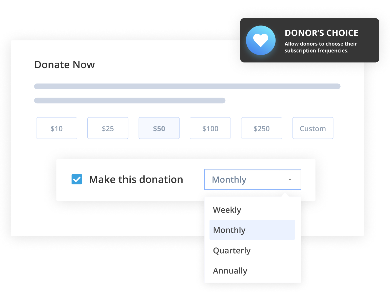 Recurring Donations for GiveWP allows you to choose the mount and frequency of monthly giving or allow your donors to choose.