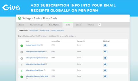 This screenshot shows all the various emails that relate to recurring subscriptions. These can each be enabled or disabled and customized. The list includes the following emails: Renewal Receipts Email, Subscription Cancelled Email, Subscription Completed Email, Subscription Reminder Email, Subscriptions Email Access, and Subscription Payment Failed Email